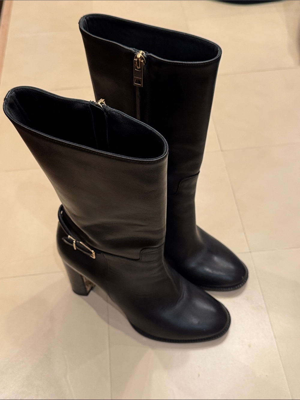 Burberry Black Leather Mid-Calf Heeled Boots